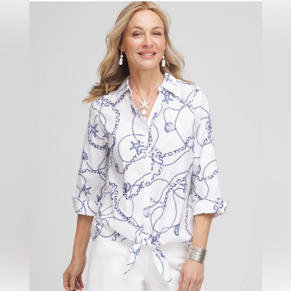Chico's White and Blue Nautical Beach Chain Print Button Down Shirt